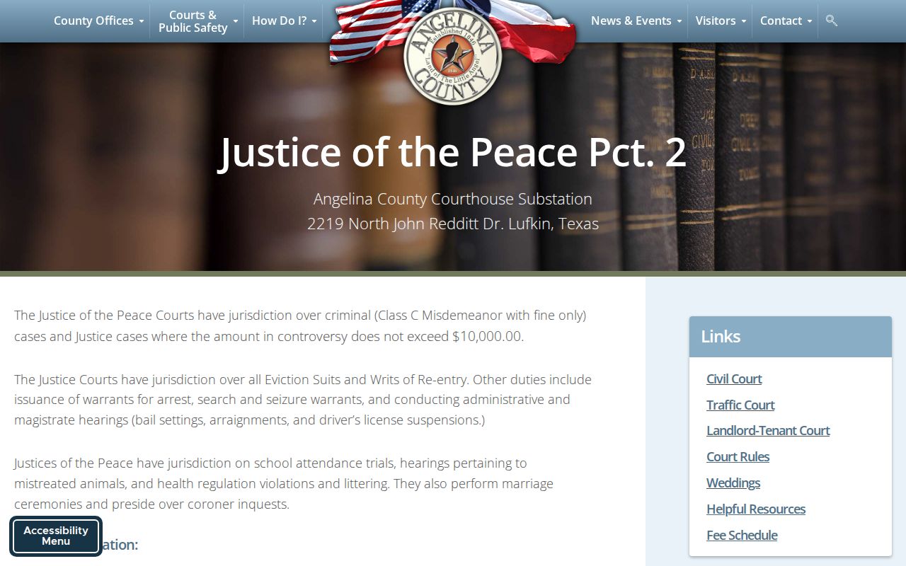 Angelina County bench warrant court route and JP2 warrant authority information