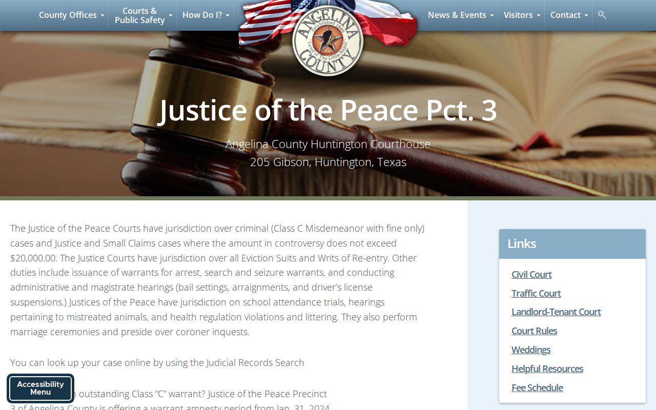 Angelina County bench warrant court routing for JP3 in Huntington and Zavalla