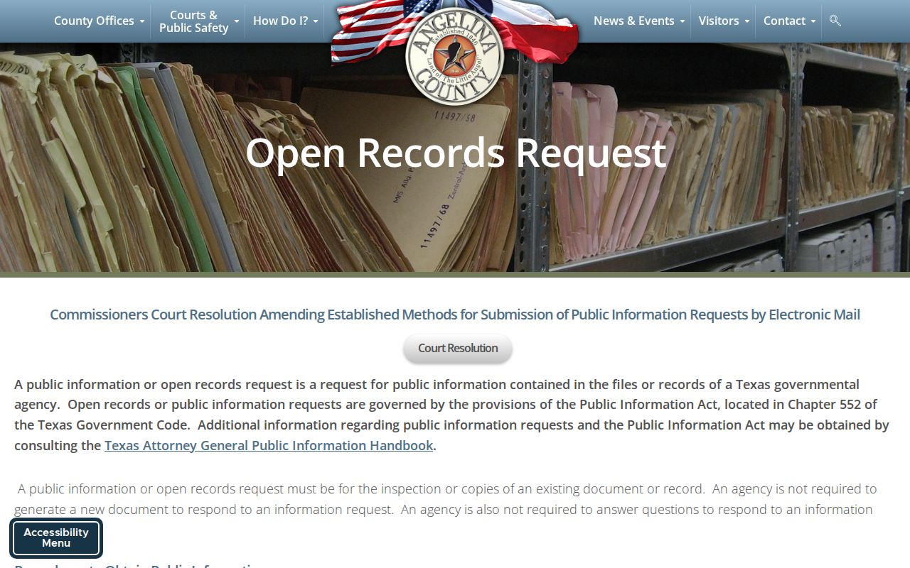Angelina County warrant records and public information request page