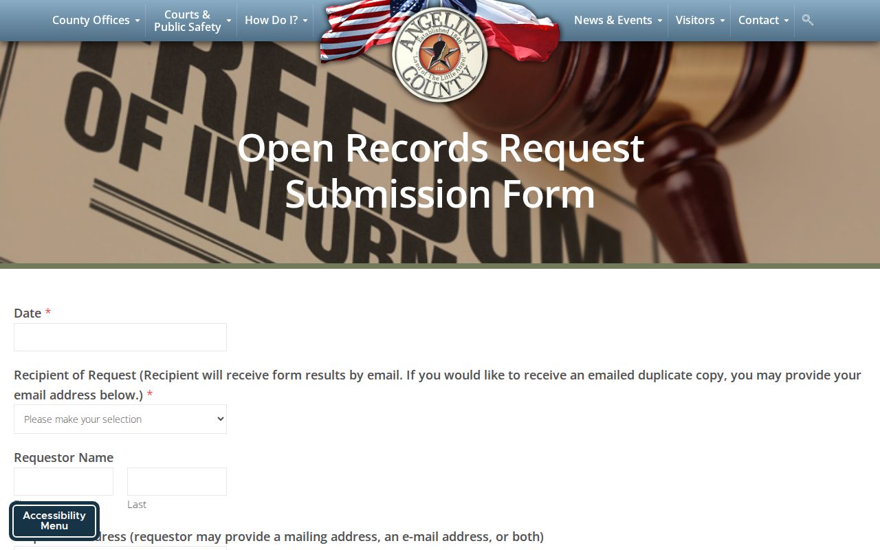 Angelina County warrant records request form with department and redaction fields