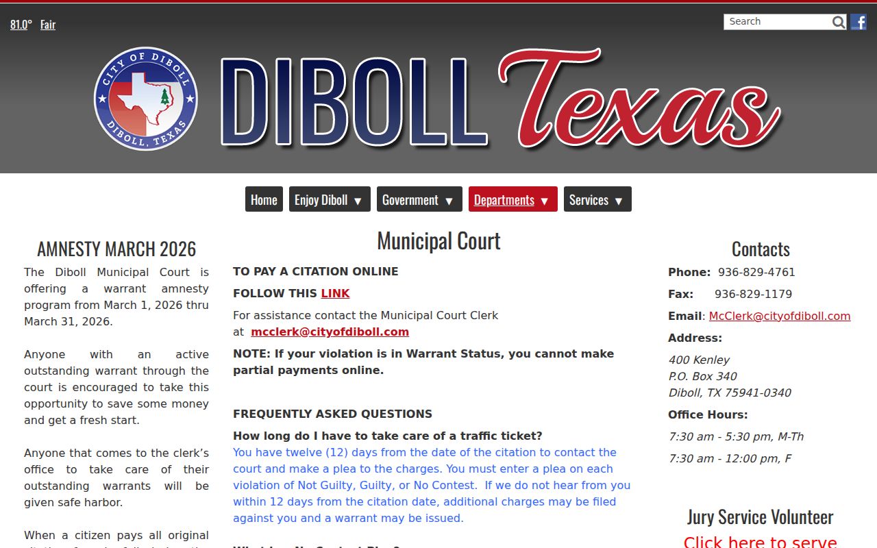 Diboll warrant status and municipal court payment instructions