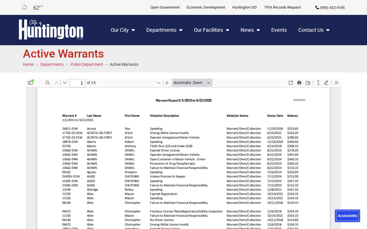 Angelina County active warrant information context and Huntington official interface shell