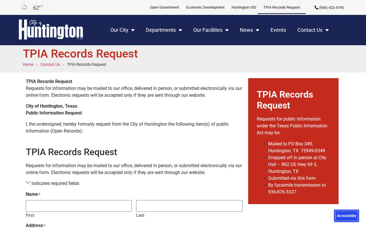 Huntington warrant records access and city TPIA request form