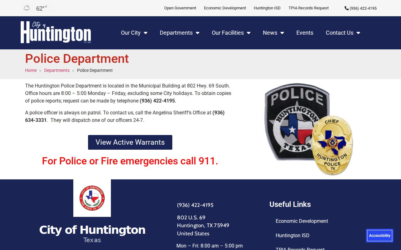 Huntington warrant records context and Huntington Police Department address