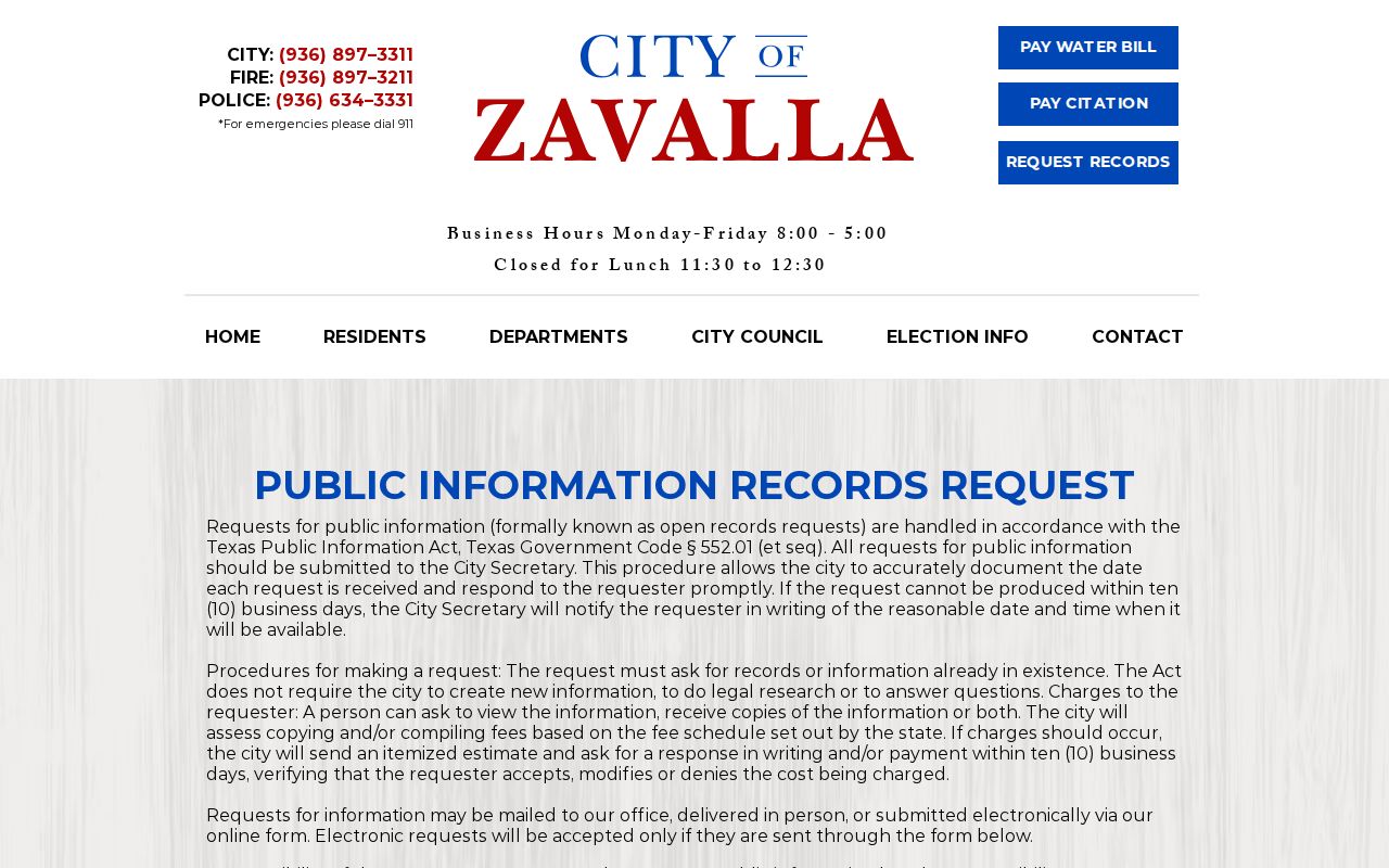 Zavalla warrant records access and blank city public-record request form