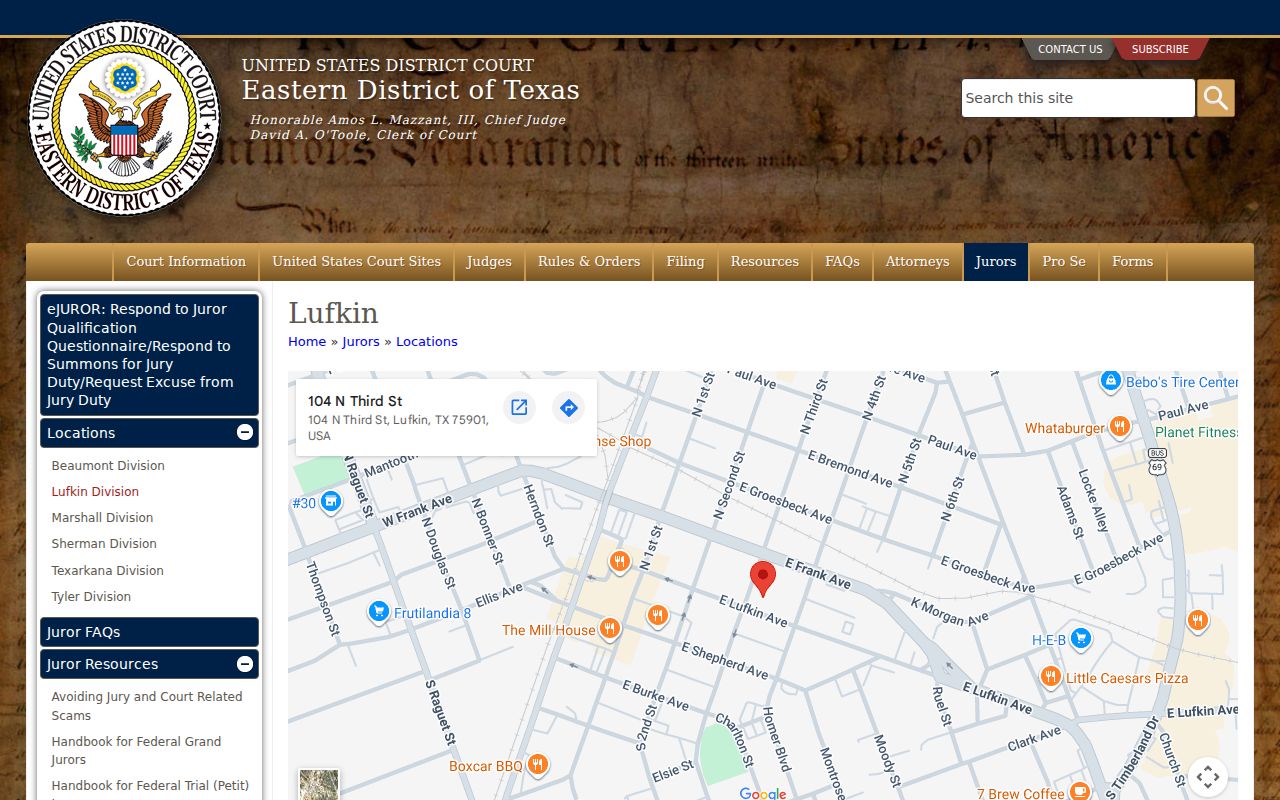 Angelina County arrest warrant context and Lufkin federal courthouse information